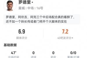 换上又换下！罗德里本场数据：1关键传球+4长传3成功 6对抗1成功